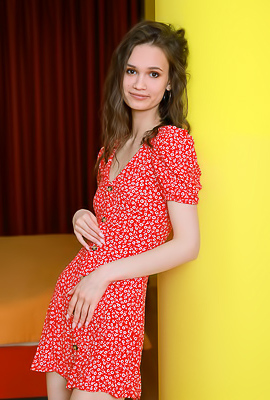 Anastasia Bella Unbuttoning Her Scarlet Dress To Reveal Her Perky Breasts