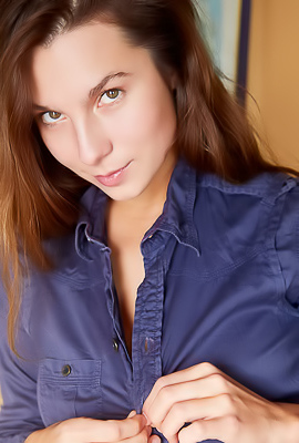 Belka Captivating Brunette Smiles Flirtatiously As Her Buttons Pop Open