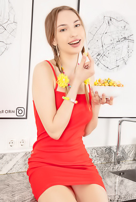 Romantic Red Dress Tease Series With Model In Kitchen