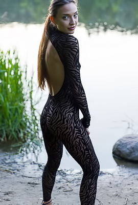 Santas Sweaty Body Glistens As She Strips By The Glistening Lake Water