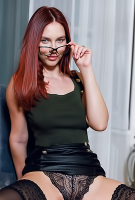 Busty Redhead Leya Desantis In Black Stockings