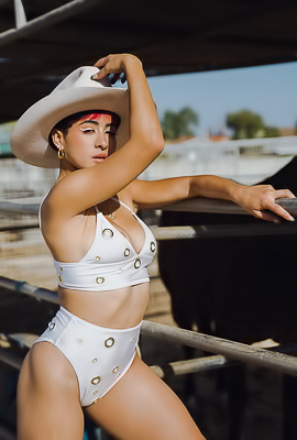 Mia Valentine Bares All In White Lingerie And Cowboy Boots On A Sunlit Ranch With Horses