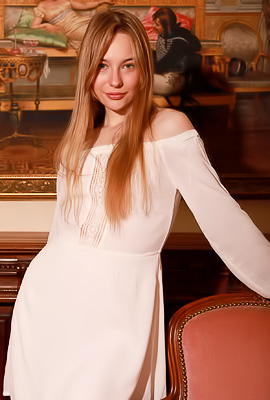 Kennedy Gracefully Perches On Antique Chair Spread Legs Teasing With Naughty Grin